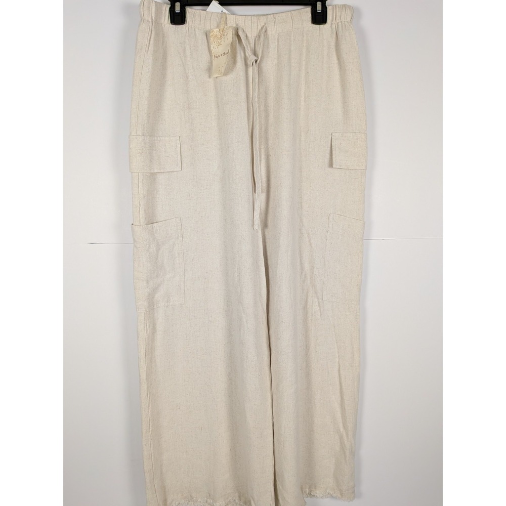 NWT Hem & Thread Women Ivory Linen Blend Pants with Pockets